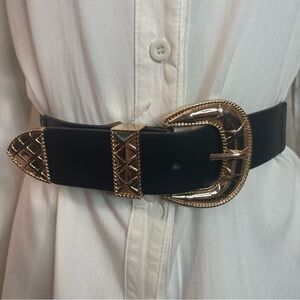 Black PU leather chunky gold tone buckle elastic waistband skinny belt